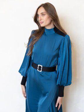 NEW BYRD Women’s Camilla Maxi Dress Blue Size S High Neck Long Sleeve Belted